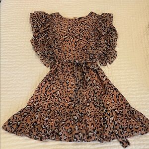Leopard Print Ruffle Dress - Tan